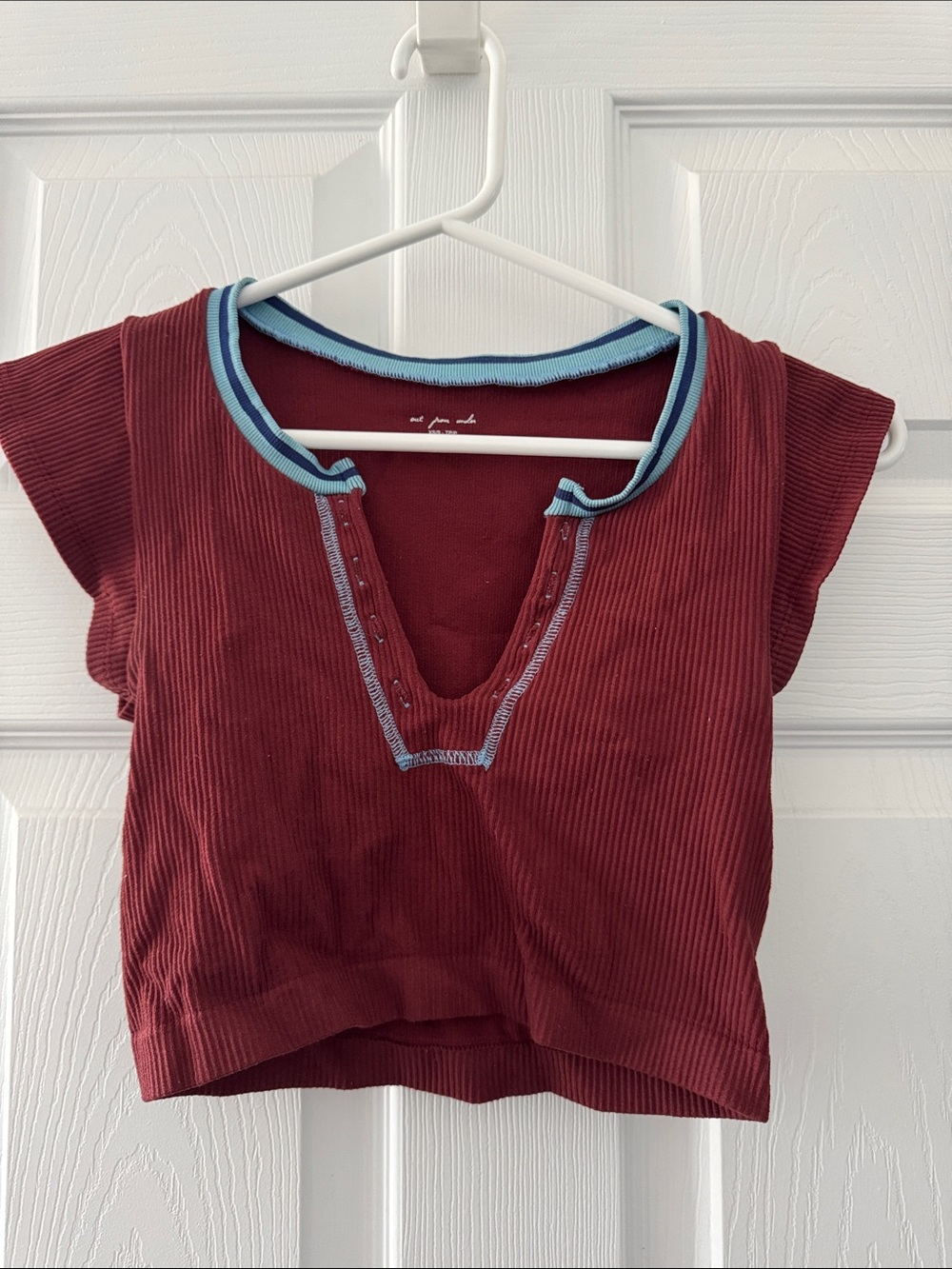 Urban Outfitters Maroon Ribbed Crop Top with Light Blue Trim
